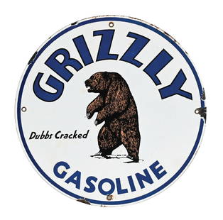 GRIZZLY GASOLINE PORCELAIN PUMP PLATE SIGN W/ BEAR GRAPHIC: SSP. C. 1940s. CONDITION: Sign shows excellent color and gloss throughout the field, with clean script as well as excellent condition bear graphic. Sign shows minor chipping at the right and lower mou