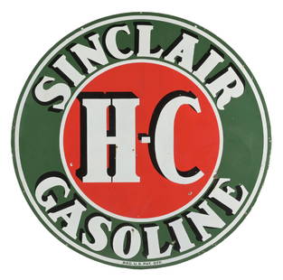 SINCLAIR H-C GASOLINE PORCELAIN SERVICE STATION SIGN: DSP. C. 1930s. CONDITION: Sign shows excellent color and gloss throughout the field of each side, with each side showing a moderate amount of light field chipping in the inner and outer fields. Sign s