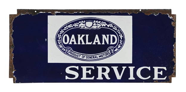 OAKLAND AUTOMOBILES SERVICE PORCELAIN SIGN: DSP. C. 1920s. Rare Porcelain Sign for Oakland Automobiles showing "Service". CONDITION: Each side showing excellent color and gloss throughout, but the sign has been trimmed down on the top and sides