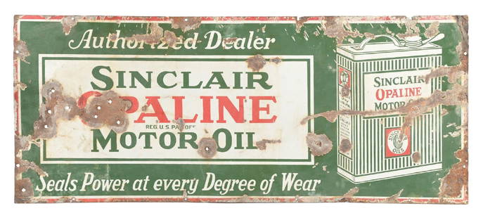 SINCLAIR OPALINE MOTOR OIL PORCELAIN SIGN: SSP. C. 1920s. CONDITION: Heavy wear and chipping throughout, showing staining surface scratching as well as areas of bullet holes. Heavy wear along the outer edge. Although worn, this piece presents