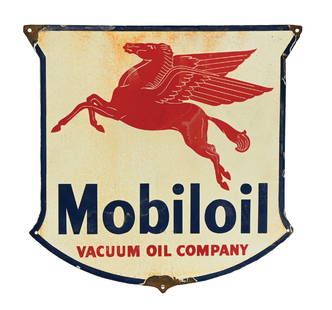 MOBILOIL VACUUM OIL COMPANY PORCELAIN SIGN W/ PEGASUS GRAPHIC: SSP. Larger Porcelain Shield used in the European Market. CONDITION: Fair color and gloss, with areas of etching throughout the entire field. Moderate chipping along the outer edges. Pegasus graphic i