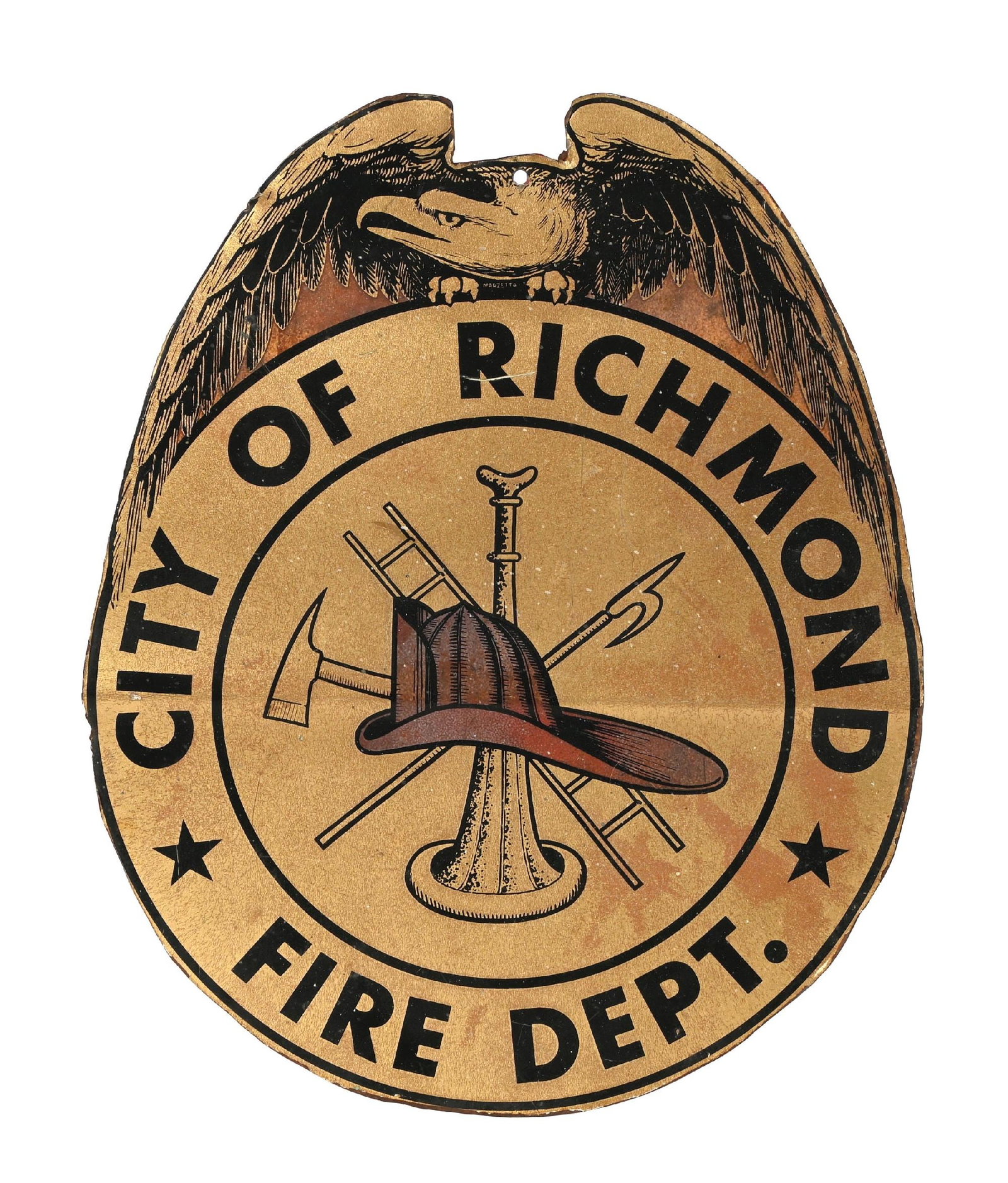 CITY OF RICHMOND FIRE DEPARTMENT PAINTED METAL SIGN: SST. C. 1950s. CONDITION: Very good color and gloss throughout, with some crazing to the paint in the inner and outer fields. There is a crease line along the center, as well as an added hole at the t