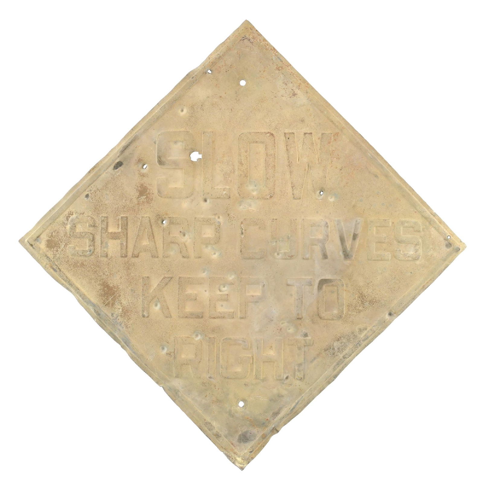SLOW SHARP CURVES KEEP TO RIGHT STAMPED STEEL ROAD SIGN (1 of 2)