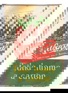 COCA-COLA "TAKE HOME A CARTON" TIN SIGN W/ SIX PACK GRAPHIC: SST. C. 1950s. CONDITION: Fair color and gloss, with light areas of scratching and paint loss in the inner field as well as heavier loss in the outer field. Moderate wear and paint loss at the outer e