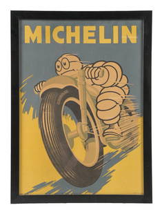 MICHELN TIRES FRAMED POSTER WITH MOTORCYLE GRAPHIC: C. 1950s. CONDITION: Poster is in excellent condition, showing light age wear with minimal age staining in the white. Poster is professionally framed behind glass and displays excellent. Condition: (8