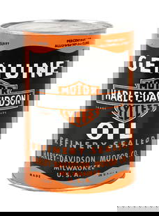 HARLEY-DAVIDSON MOTOR OIL ONE QUART CAN: One Quart Can. CONDITION: Can is in outstanding condition throughout, showing bright color and gloss with very limited surface wear. Can is full and shows both original lids intact, but has leaked ove