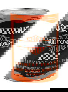 HARLEY-DAVIDSON MOTOR OIL ONE QUART CAN: One Quart Can. CONDITION: Can is in excellent condition, showing bright color and gloss throughout. Minor denting at the upper-left edge. Can has never been opened, but the majority of it has leaked o