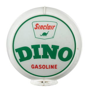 SINCLAIR DINO GASOLINE COMPLETE 13.5" GLOBE ON CAPCO BODY: Complete 13.5" globe on Capco body. C. 1950s. CONDITION: Lens are each in outstanding condition, and are most likely NOS. Lenses show minimal paper marks, and are mounted on an excellent condition whi