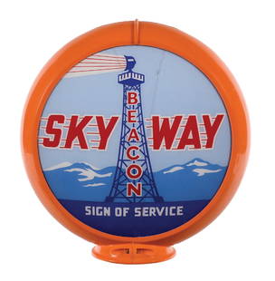 RARE BEACON SKYWAY GASOLINE 13.5" SINGLE GLOBE LENS ON CAPCO BODY: Single 13.5" Globe Lens on Capco Body. CONDITION: Lens shows a repaired break across the top to the bottom edge. Repair is nicely done and is missing no areas of glass. Lens is set on an orange Capco