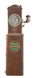 BENNETT CLOCK FACE GAS PUMP: C. 1930s. CONDITION: Pump is in original condition, showing added Laure leaf pump plate. Pump shows original sight glass and includes the original base, but the base is detached. This is not a standar