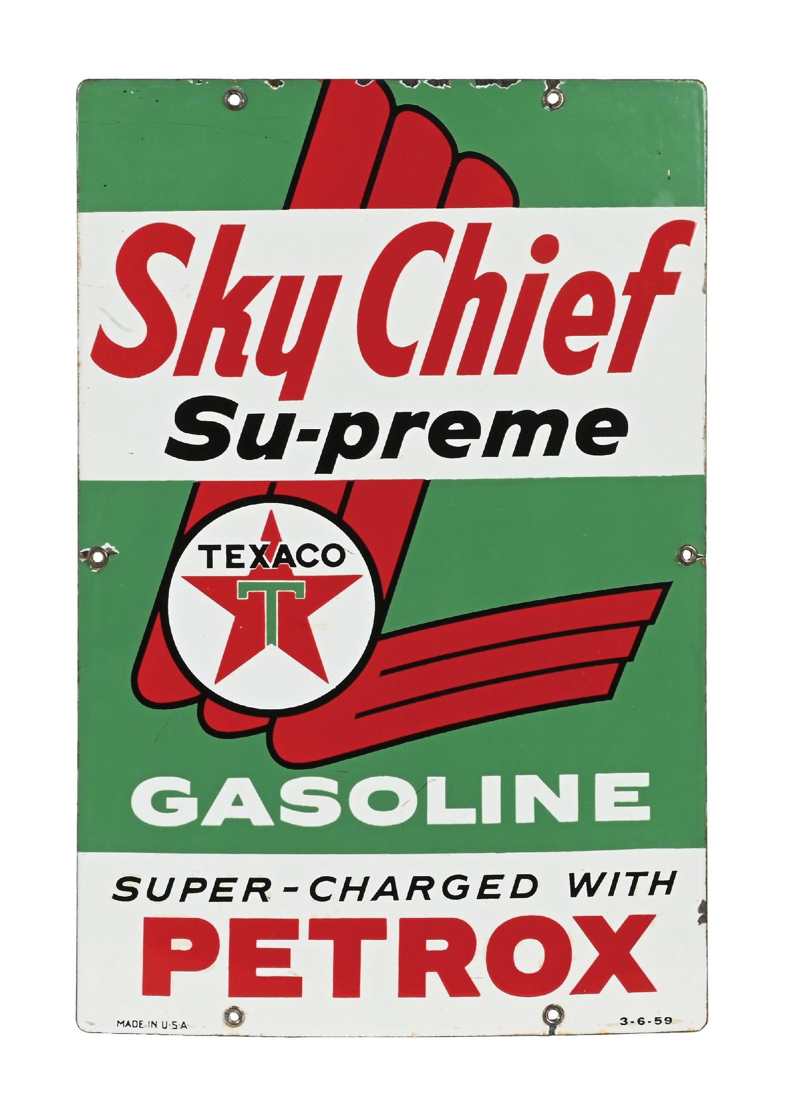 TEXACO SKY CHIEF SUPREME GASOLINE PORCELAIN PUMP PLATE SIGN: SSP. Dated 1959. CONDITION: Outstanding color and gloss throughout the field, showing only light surface scratches. Sign shows light chipping at the mounting holes as well as chipping along the outer 