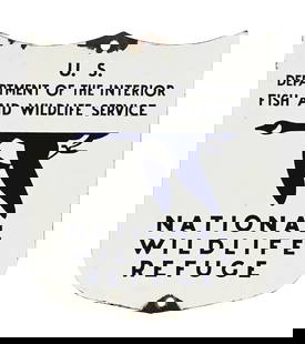 NATIONAL WILDLIFE REFUGE PORCELAIN SHIELD SIGN W/ GOOSE GRAPHIC.: SSP. C. 1960s. CONDITION: Sign shows excellent color and gloss throughout the field, with only a minor amount of light surface scratching present. Sign shows heavier chipping at the top and bottom mou
