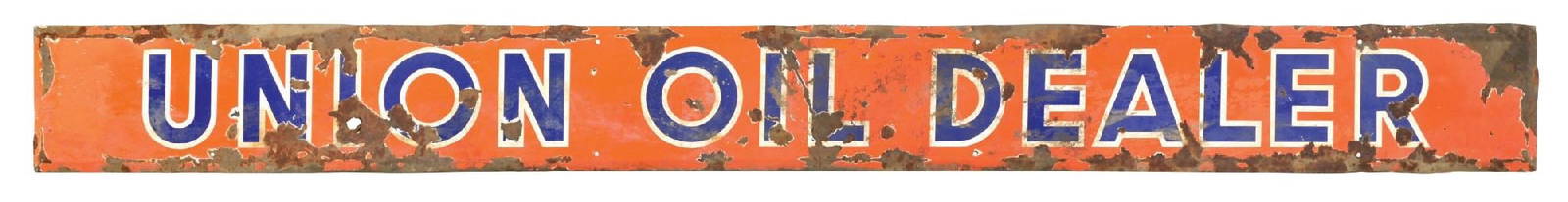 UNION OIL DEALER PORCELAIN SERVICE STATION SIGN: SSP. C. 1940s. CONDITION: Sign shows moderate to heavy wear throughout, with chipping and surface scratching as well as creases. This is not a standard shippable item and will require 3rd party shippi
