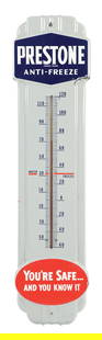 PRESTONE ANTI-FREEZE EMBOSSED PORCELAIN THERMOMETER: SSP. CONDITION: Bright color and gloss throughout, with excellent condition field showing working thermometer tube. Light chipping at the mounting hole with one heavier chip at the upper-right edge. M
