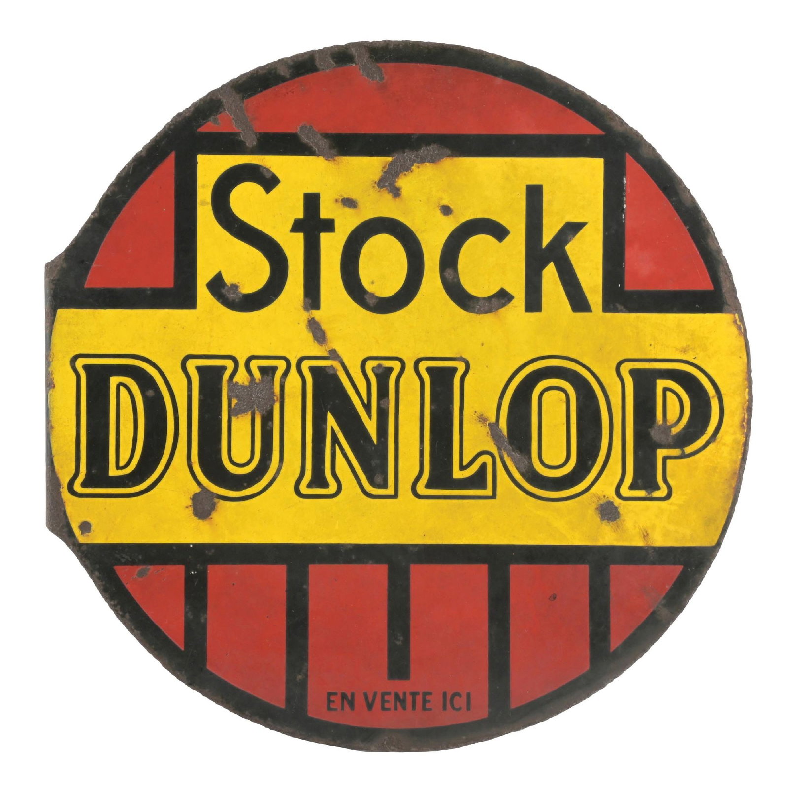 DUNLOP TIRES PORCELAIN FLANGE SIGN: DSP. C. 1930s. CONDITION: Fair color and gloss throughout each side, showing moderate chipping throughout. Outer edges show heavy chipping as well as chipping at the flange. Condition: (7.0). Dimensio