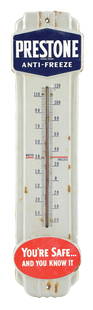PRESTONE ANTI-FREEZE PORCELAIN SERVICE STATION THERMOMETER: SSP. C. 1950s. CONDITION: Fair color and gloss throughout, with light areas of chipping at the raised edges as well as minor surface scratch. Shows chipping at the mounting holes as well as along the