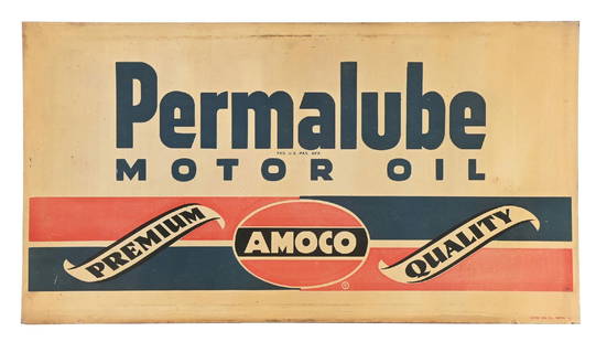 PERMALUBE MOTOR OIL TIN RACK SIGN: SST. Maker marked "Scioto Sign Company". C. 1950s. CONDITION: Sign shows fair color and gloss throughout with areas of surface staining in the gloss. Sign shows minor wear along the outer edges, but o