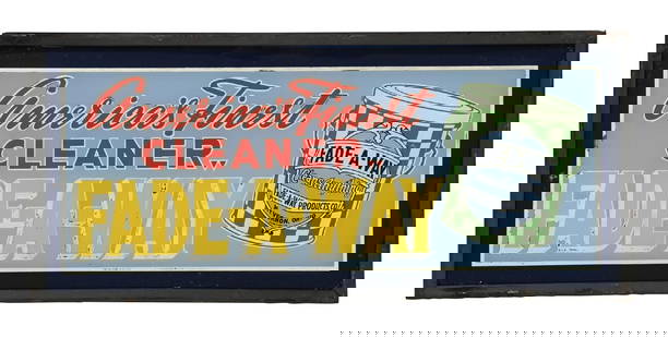 FADE-A-WAY AMERICA'S FINEST CLEANER GLASS COUNTER TOP DISPLAY SIGN: Single-sided glass. C. 1950s. CONDITION: Glass shows bright color and gloss, with minor areas of light color wear in the lettering. Sign is framed in the original metal frame, with original cardboard