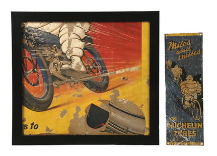 COLLECTION OF 2: MICHELIN TIRE ADVERTISING SIGNS: Collection consists of: One Michelin Tires tin advertising sign showing Bibendum on bicycle graphic, as well as one framed partial poster of Bibendum on a motorcycle. CONDITION: Each piece showing mod