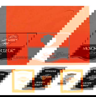 COLLECTION OF 4:HARLEY DAVIDSON MOTORCYCLES ADVERTISING ITEMS.: Collection consists of: One Harley Davidson advertising matchbook, two NOS Harley Davidson piston rings with boxes and one Harley Davidson cardstock quart carrying case. CONDITION: Each piece is in ex