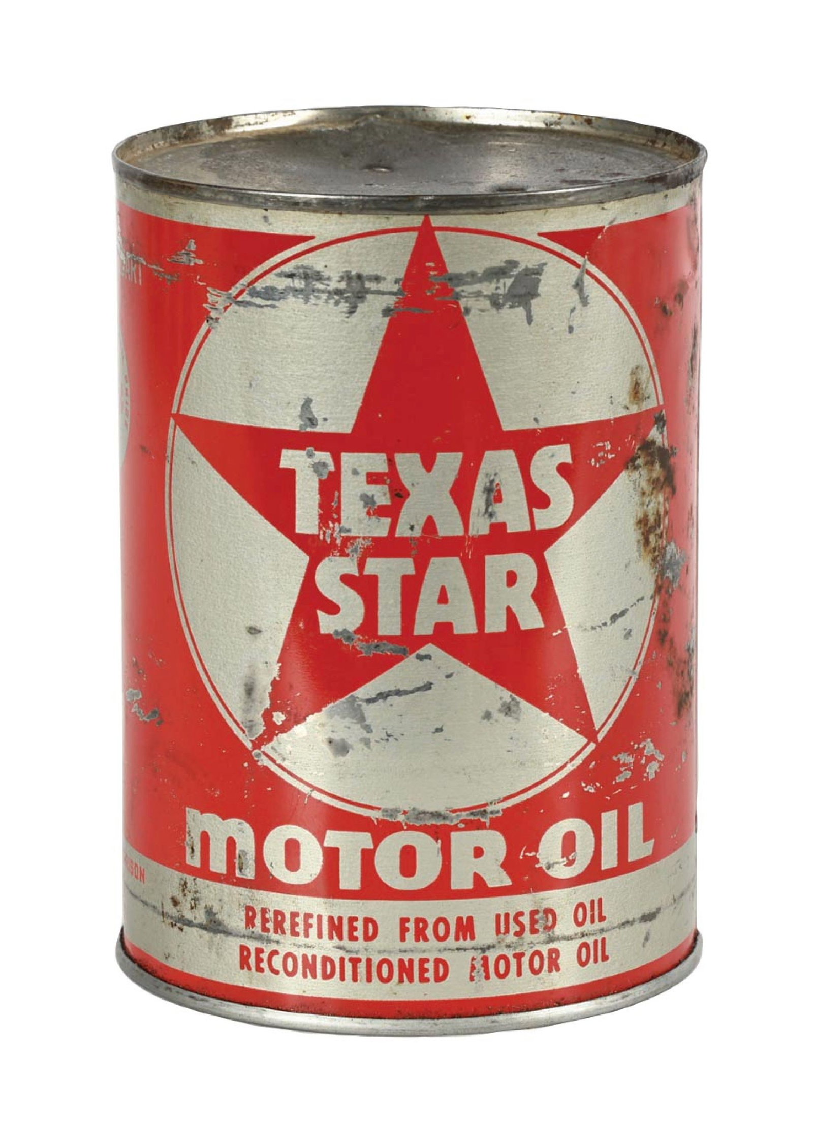 TEXAS STAR MOTOR OIL ONE QUART CAN: One Quart Can. C. 1950s. Century Morrison Oil Co., Dallas, Texas. CONDITION: Very good color and gloss, with moderate wear and paint scratches throughout each side. Can is dent-free with a clean crimp