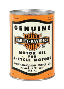 HARLEY-DAVIDSON 4-CYCLE MOTOR OIL ONE QUART CAN: One Quart Can. C. 1950s. CONDITION: Excellent color and gloss throughout, with minor scratching at the lower left edge. Can shows minimal denting with a clean crimped seam. Can is full. An excellent e