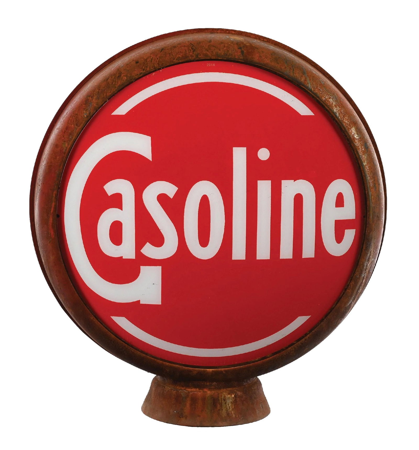 GASOLINE 13.5" COMPLETE REPRODUCTION GLOBE ON METAL BODY: Complete 13.5" Globe on Metal Body. CONDITION: Front lens is excellent, back lens is complete but broken. Mounted on reproduction high profile metal body showing aged patina throughout. Condition: (9.