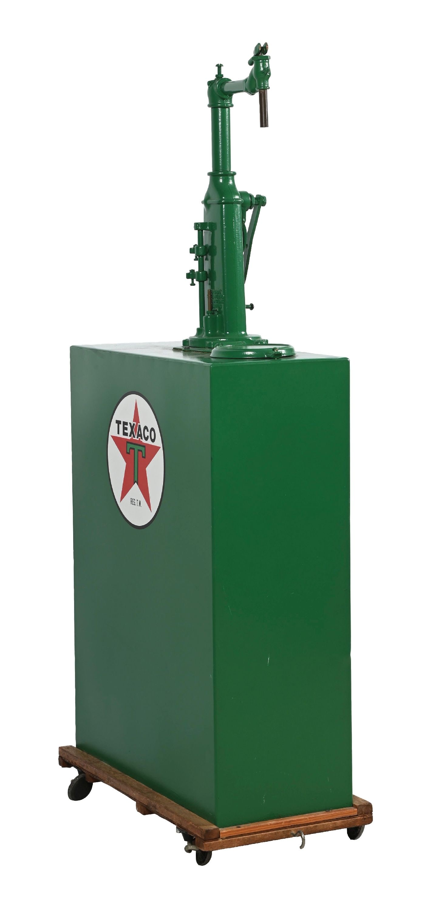 TEXACO SERVICE STATION LUBSTER RESTORED IN TEXACO: C. 1930s. CONDITION: Bennett lubster shows a full restoration done in Texaco, with bright Texaco green colors as well as two Texaco decals. Lubster shows light areas of surface wear and denting but ov