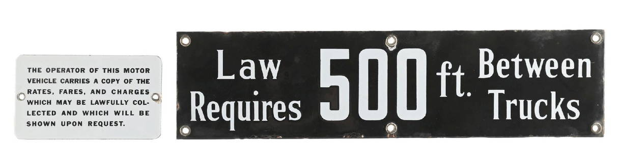 COLLECTION OF 2: PORCELAIN BUS & TRUCK SIGNS: SSP. CONDITION: Sign one is a new old stock bus fair policy porcelain sign showing outstanding color and gloss with no notable wear. Grade 9.0+. Sign two is a porcelain truck distance sign showing goo