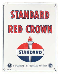STANDARD RED CROWN GASOLINE PORCELAIN PUMP PLATE SIGN: SSP. C. 1950s. CONDITION: Outstanding color and gloss with no notable field wear. Minor chips at the mounting holes with light knicks along the outer edge. An outstanding example. Condition: (8.75+).