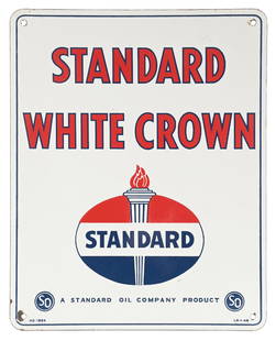 STANDARD WHITE CROWN GASOLINE PORCELAIN PUMP PLATE SIGN: SSP. Maker marked "Ingrahm Richardson", dated 1948. CONDITION: Outstanding color and gloss throughout the field, showing only minimal surface scratches. Light chipping at the mounting holes with minim
