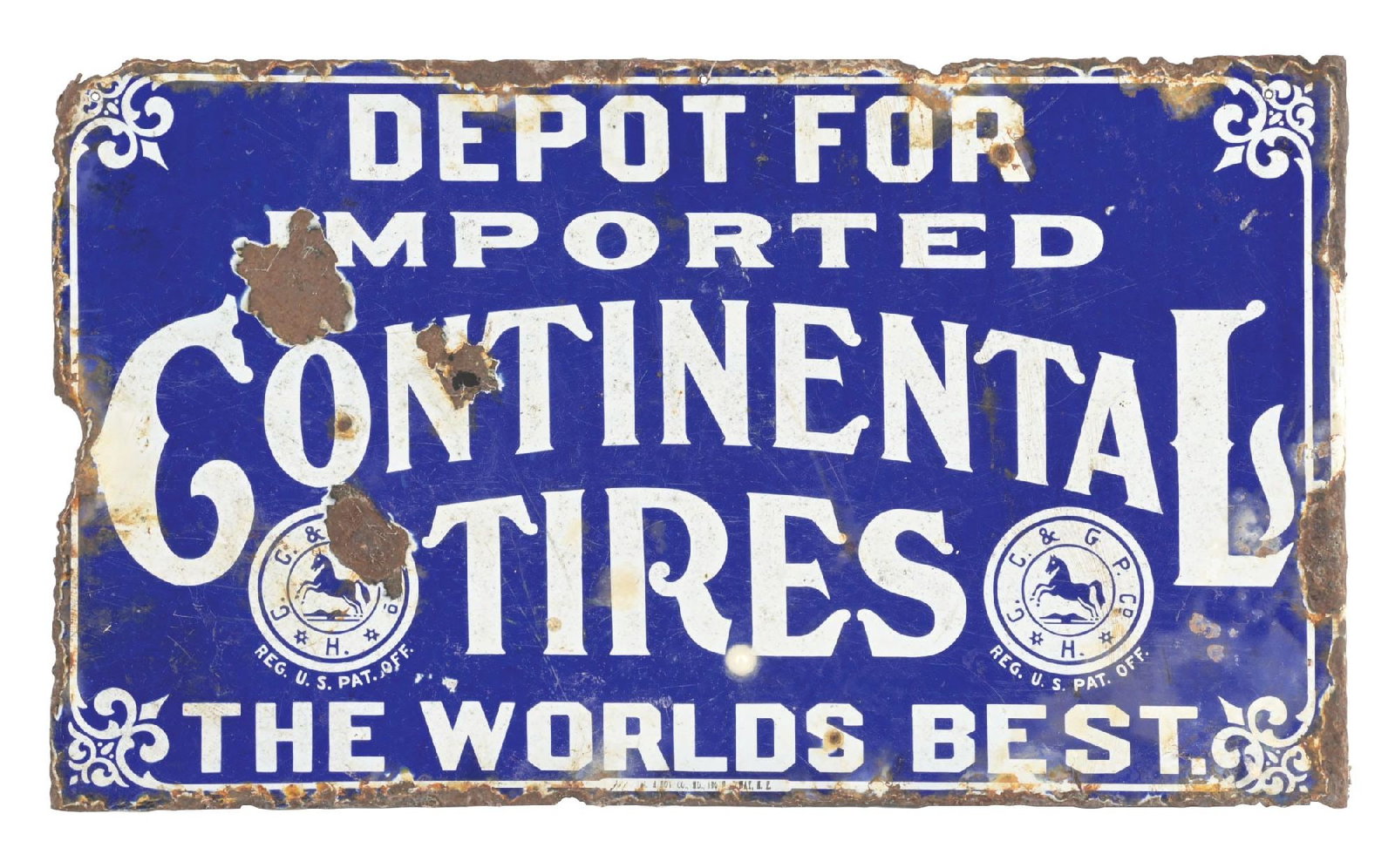 DEPOT FOR CONTINENTAL TIRES PORCELAIN FLANGE SIGN: DSP. C. 1920's. CONDITION: Overall fair showing moderate chipping and surface scratching throughout each side with a hole at the center field. Heavier chipping and wear along the outer edge and at the