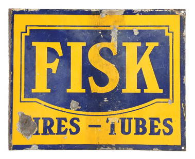 FISK TIRES & TUBES PORCELAIN FLANGE SIGN: DSP. C. 1930s. CONDITION: Sign shows good color and gloss throughout each side, with moderate areas of wear and chipping as well as surface scratching. Outer edges also show chipping, and the flange p