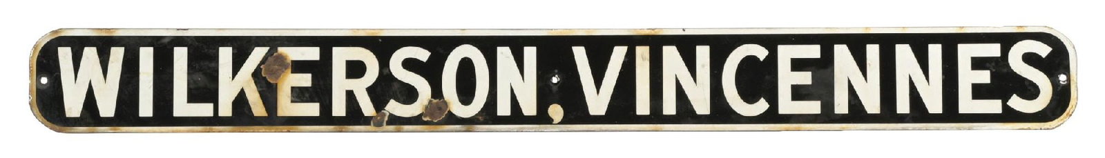 WILKERSON VINCENNES PORCELAIN SIGN: SSP. C. 1950s. CONDITION: Bright color and gloss throughout, showing three areas of chipping at the left as well as some removable surface staining, light chips at the mounting holes as well as some l