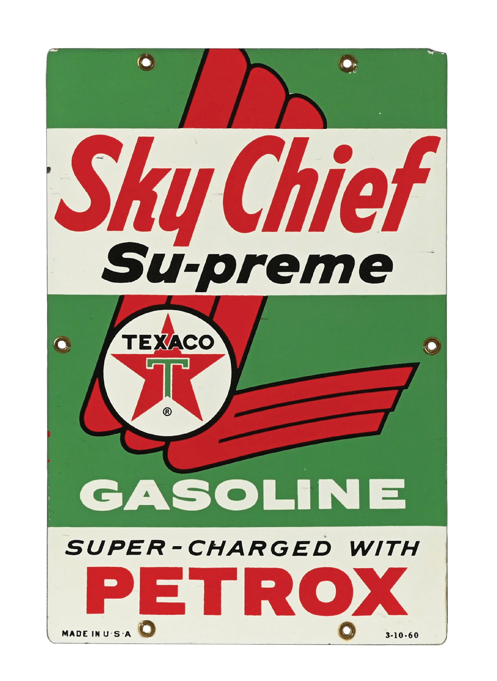 TEXACO SKY CHIEF SUPREME PORCELAIN PUMP PLATE SIGN: SSP. Dated 1960. CONDITION: Bright color and gloss throughout, showing light surface scratching with no chipping in the inner or outer fields. Minor wear at the mounting holes, with light chipping at 