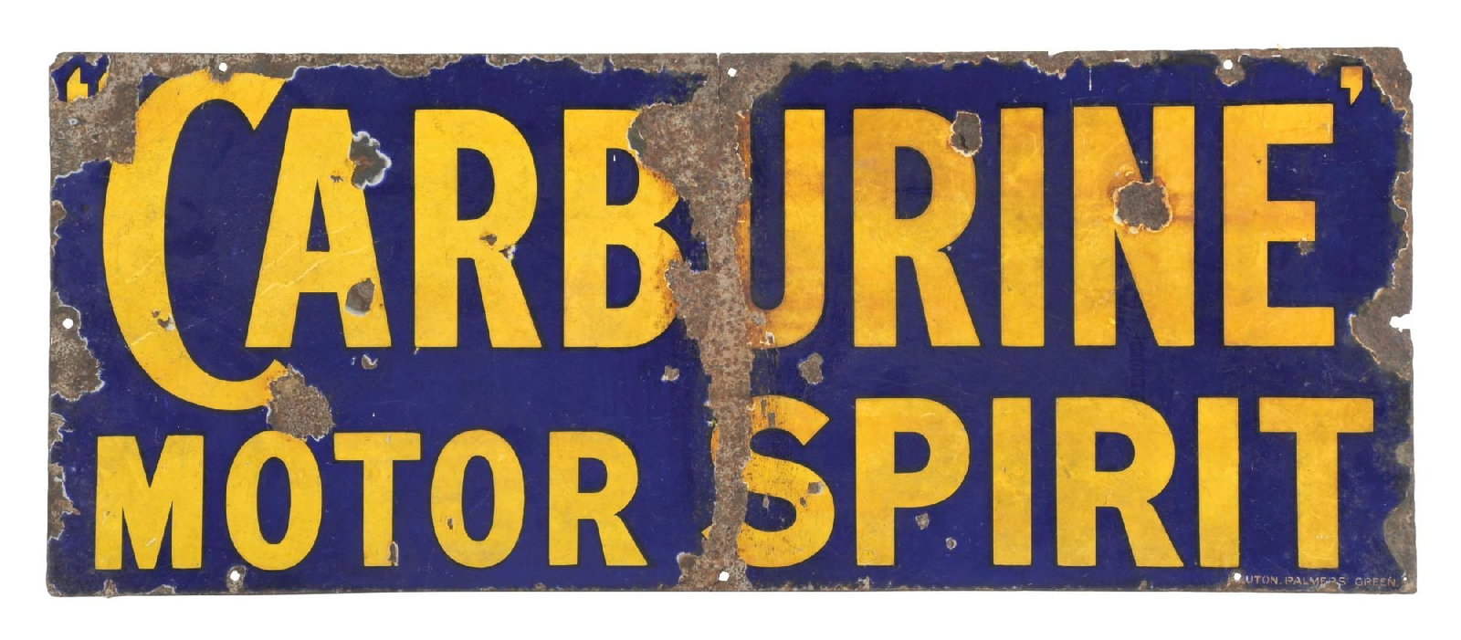 CARBURINE MOTOR SPIRIT PORCELAIN SIGN: SSP. C. 1930s. CONDITION: Fair color and gloss with moderate to heavy wear throughout the field, showing chipping, scratching and staining. Outer edge showing heavier chipping as well. Condition: (6.0