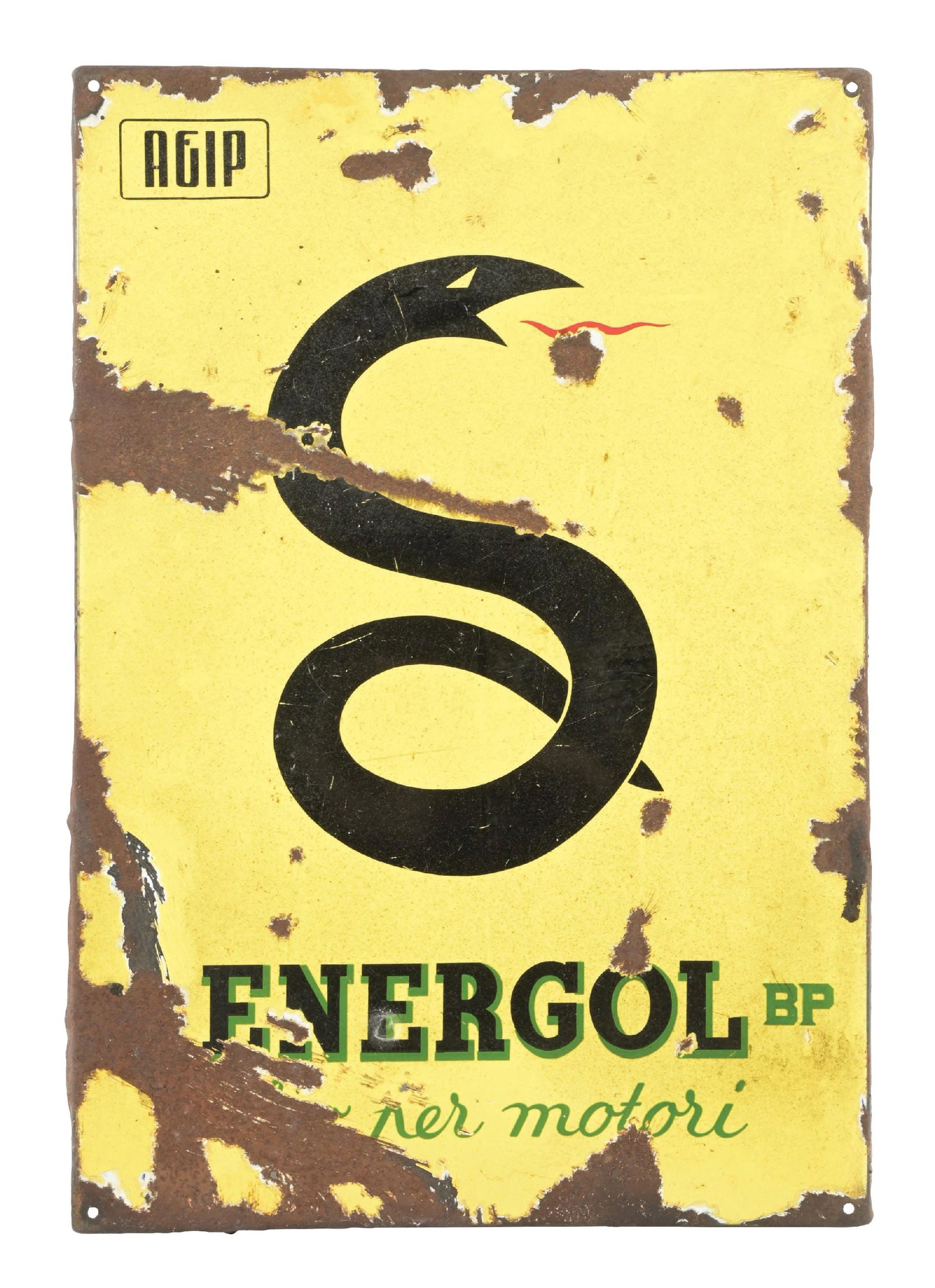 BP ENERGOL PORCELAIN SERVICE STATION SIGN: SSP. C. 1950s. CONDITION: Moderate to heavy chipping throughout the field, showing some removable dirt staining. Sign shows cookie cutter outer edge with heavy chipping. Condition: (ORIGINAL). Dimensi
