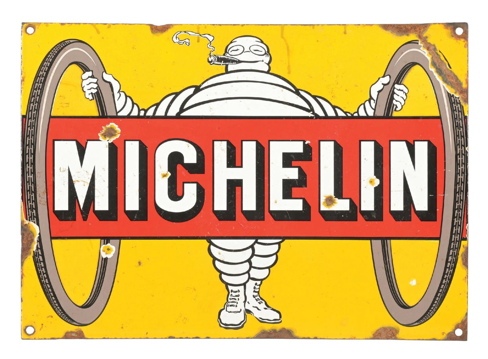 MICHELIN TIRES REPRODUCTION PORCELAIN SIGN: CONDITION: Excellent color and gloss throughout, with areas of chipping in the field as well as surface scratching. Heavier chipping along the outer edge. Condition: (REPRODUCTION). Dimensions: 23-1/2