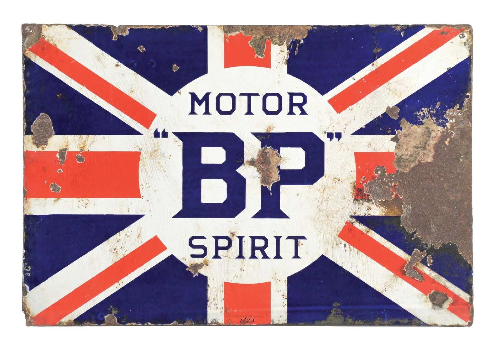 BP MOTOR SPIRIT PORCELAIN SIGN: DSP. CONDITION: Fair color and gloss with moderate wear and chipping present. Flange portion has been removed from the sign. Bright and glossy with an excellent worn look. Condition: (ORIGINAL). Dimen