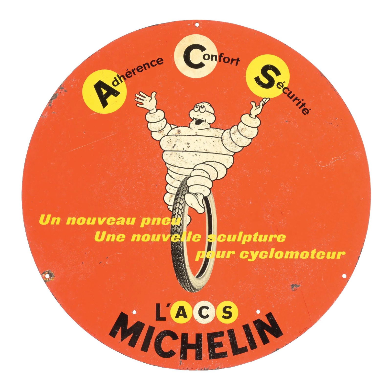 MICHELIN TIRES TIN ADVERTISING SIGN W/ BIBENDUM GRAPHIC: DST. C. 1950s. CONDITION: Excellent color and gloss throughout each side, with some moderate surface scratches present as well as some light surface wear and paint loss. Mounting holes show light wear