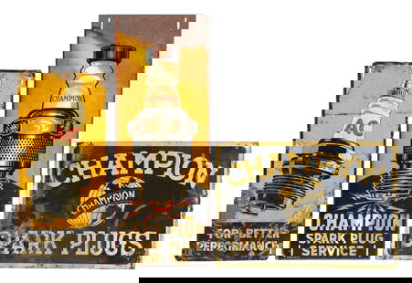 COLLECTION OF 3: CHAMPION & AC SPARK PLUGS TIN SERVICE STATION SIGNS: Collection consists of: Champion Spark Plugs embossed tin sign, Champion Spark Plugs with large spark plug graphic, AC Spark plugs tin sign with spark plug graphic. CONDITION: Each sign presents moder