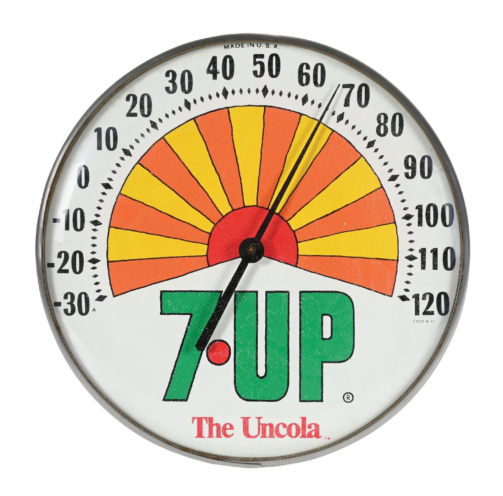 7UP "THE UNCOLA" TIN ADVERTISING THERMOMETER W/ GLASS FACE (1 of 2)