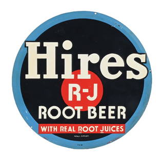 HIRES ROOT BEER EMBOSSED TIN SIGN: SST. Dated 1941. CONDITION: Very good color throughout with dullness in the gloss. Sign shows tack nail holes along the outer edge with some light areas of paint loss. Overall clean and well displayin
