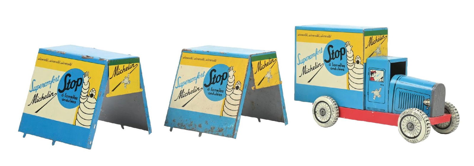 COLLECTION OF 3: MICHELIN TIRES TIN TOYS WITH BIBENDUM GRAPHICS.: C. 1930's. CONDITION: Excellent original condition showing bright color and gloss with some light areas of paint wear and surface scratching but overall clean and well displaying. Condition: (VARIOUS)