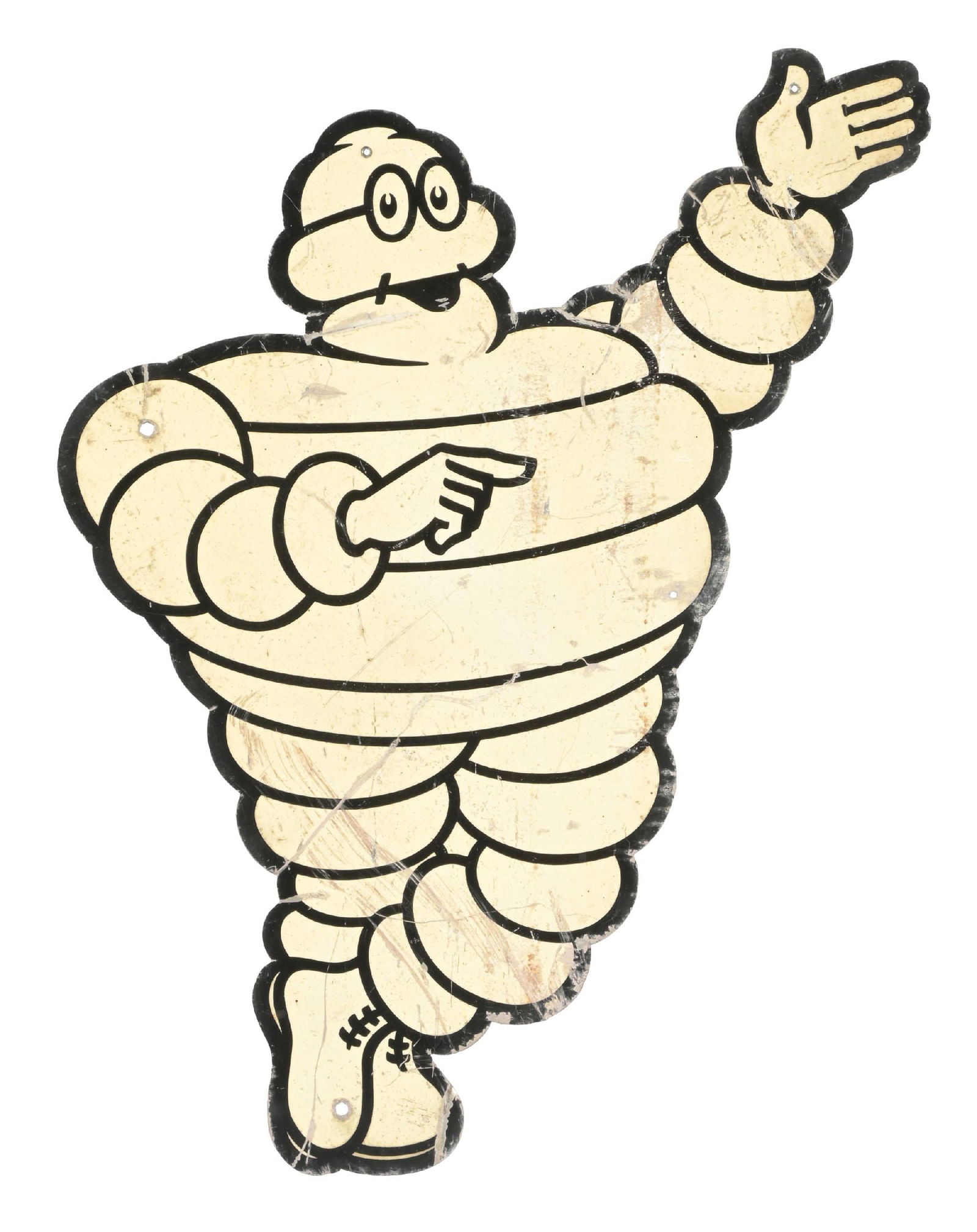 MICHELIN TIRES FIGURAL BIBENDUM SIGN: SST. CONDITION: Sign shows fair color and gloss throughout, with moderate areas of surface scratching as well as some light paint loss. Minimal mounting hole and outer edgewear present. Condition: (7.