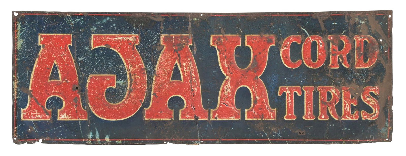 AJAX CORD TIRES EMBOSSED TIN SERVICE STATION SIGN: SST. C. 1920s. CONDITION: Moderate to heavy wear throughout, showing surface scratching and paint loss. Although worn, displays an excellent barn hanger-type look. Condition: (ORIGINAL). Dimensions: 2