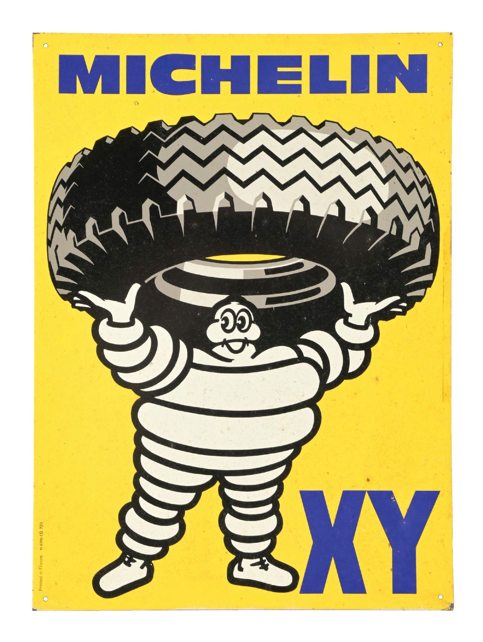 MICHELIN XY TIRES TIN SIGN: SST. C. 1960s. CONDITION: Excellent color and gloss throughout the field showing clean graphics. Sign shows minor surface wear with some removable dirt staining. Light mounting hole wear as well as so