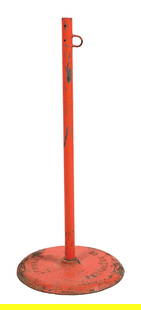 PHILLIPS PETROLEUM COMPANY CAST IRON CURB SIGN BASE AND YOKE: C. 1940s. CONDITION: Base and pole are in very good condition, showing a large majority of its original paint. The top portion of the pole has been cut. Included with the base are the Phillips 66 Shie