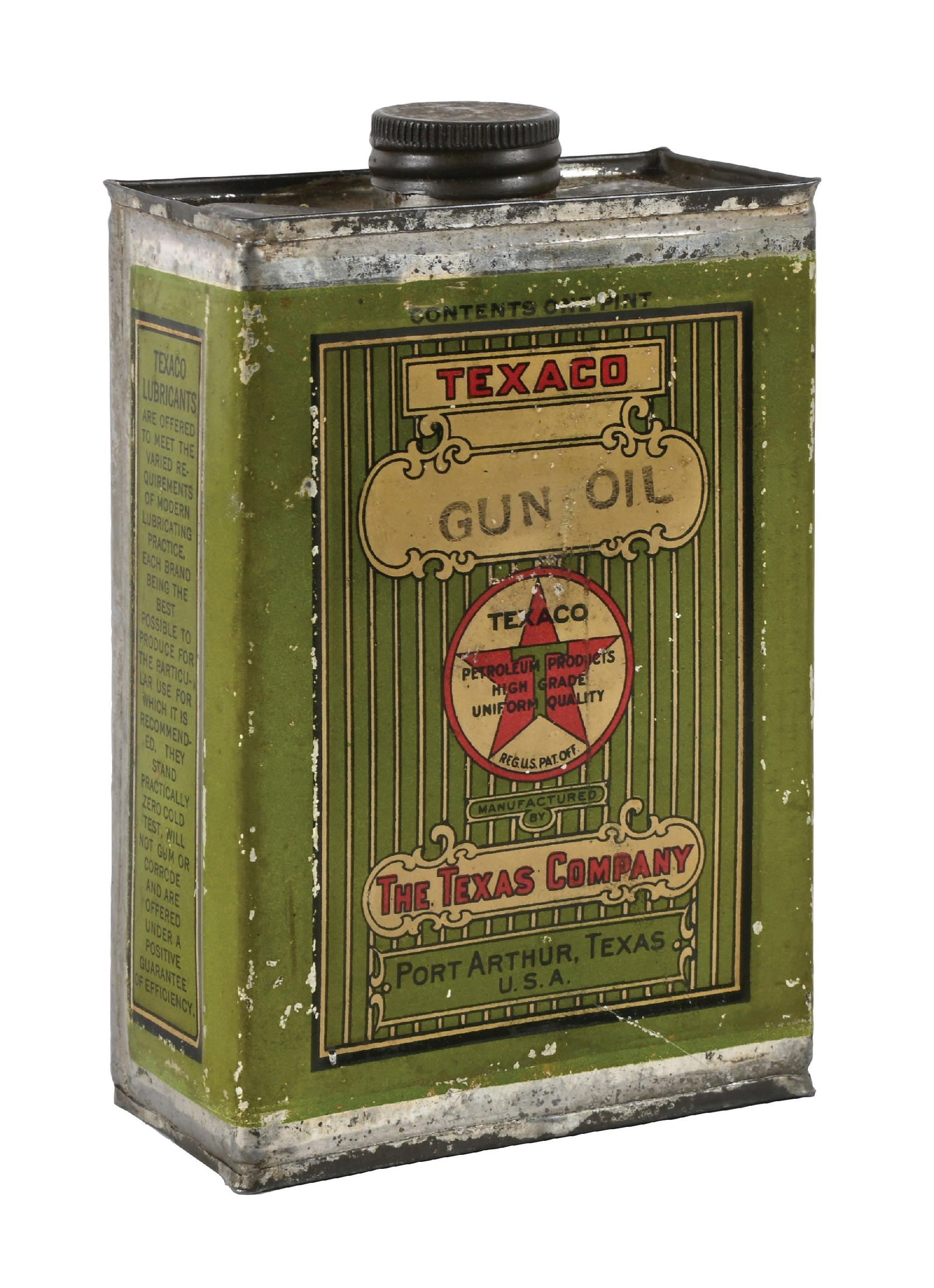 TEXACO GUN OIL ONE PINT SQAURE CAN: One pint can C. 1920s. CONDITION: Can shows bright color and gloss, with moderate areas of light paint wear and surface scratching resulting in some minor paint loss. Can shows "Gun Oil," stamped into
