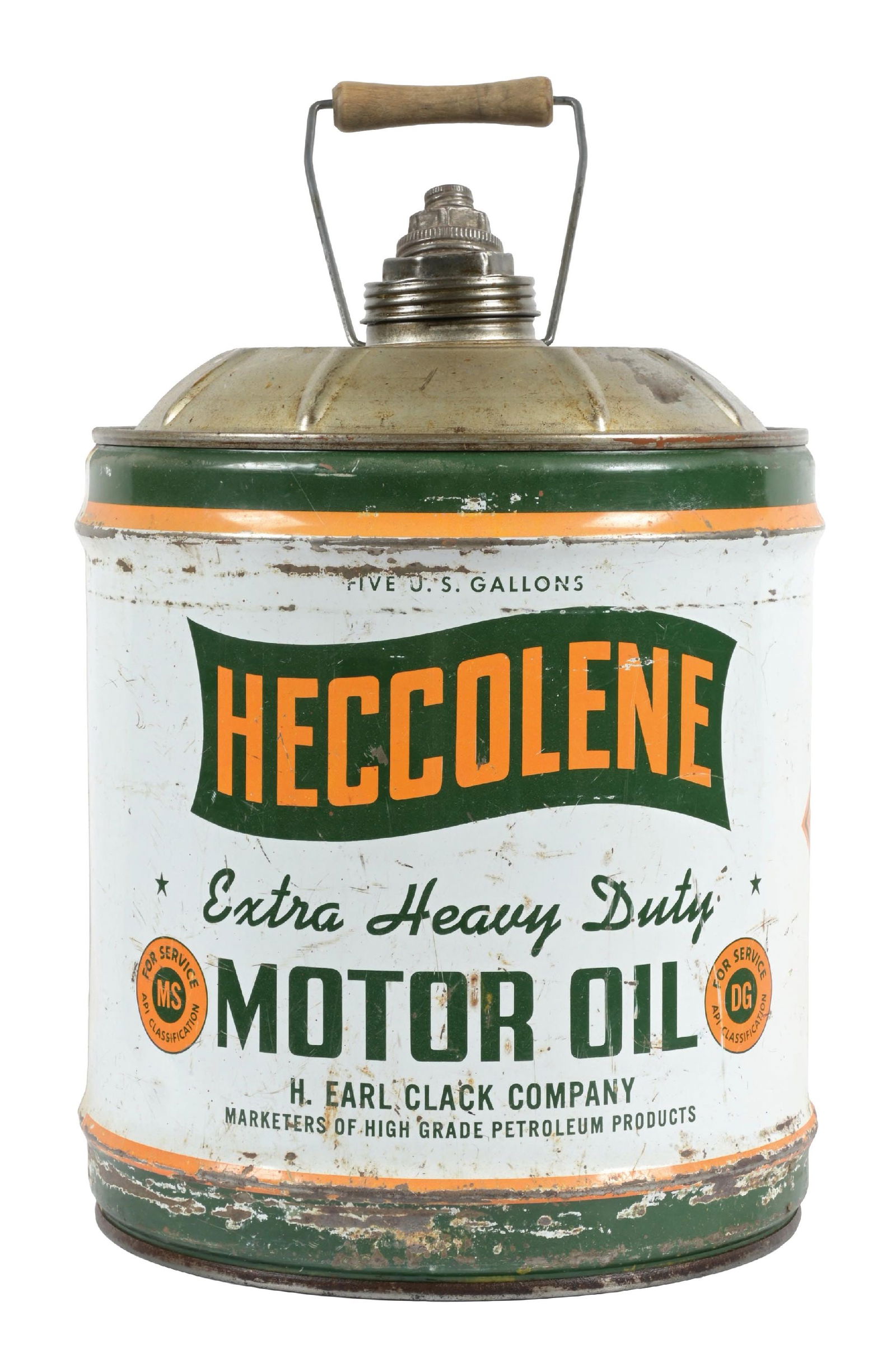 HECOLENE MOTOR OIL 5 GALLON CAN: Five gallon can. CONDITION: Bright color and gloss with moderate areas of surface scratching throughout each side. Can is dent-free showing original lid, spout and carrying handle. Condition: (8.0). D